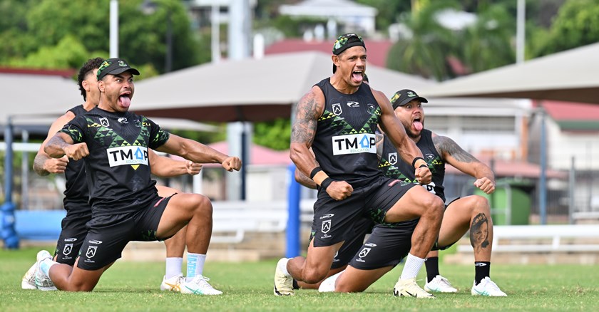 Dane Gagai and his Māori teammates prepare for Friday night's passionate pre-game haka.