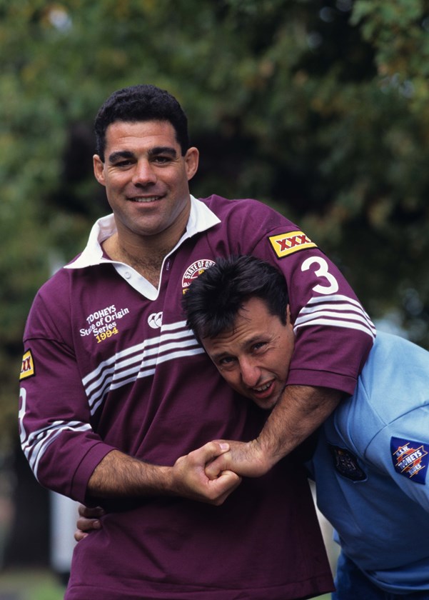 Mal Meninga and Laurie Daley were Raiders team-mates but rival Origin captains in 1994.