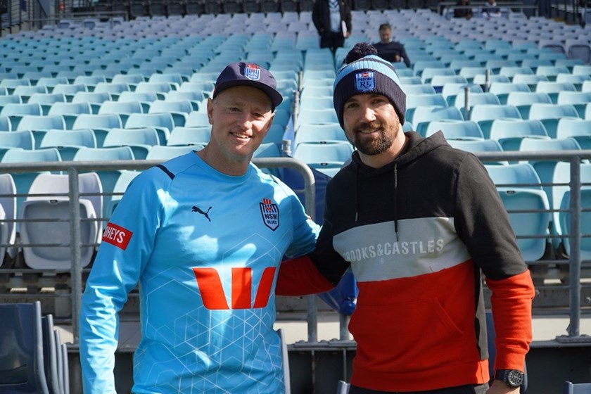 Socceroos captain Maty Ryan with Blues coach Michael Maguire at NSW training.