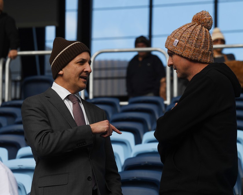 NRL CEO Andrew Abdo with Mark Hughes at the launch of Beanie For Brain Cancer Round.