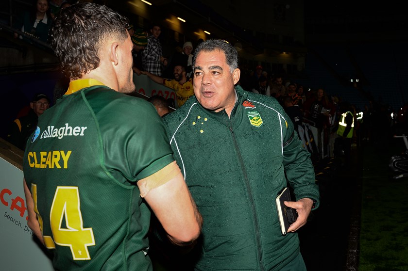 Kangaroos coach Mal Meninga and star halfback Nathan Cleary at the last World Cup in 2022.